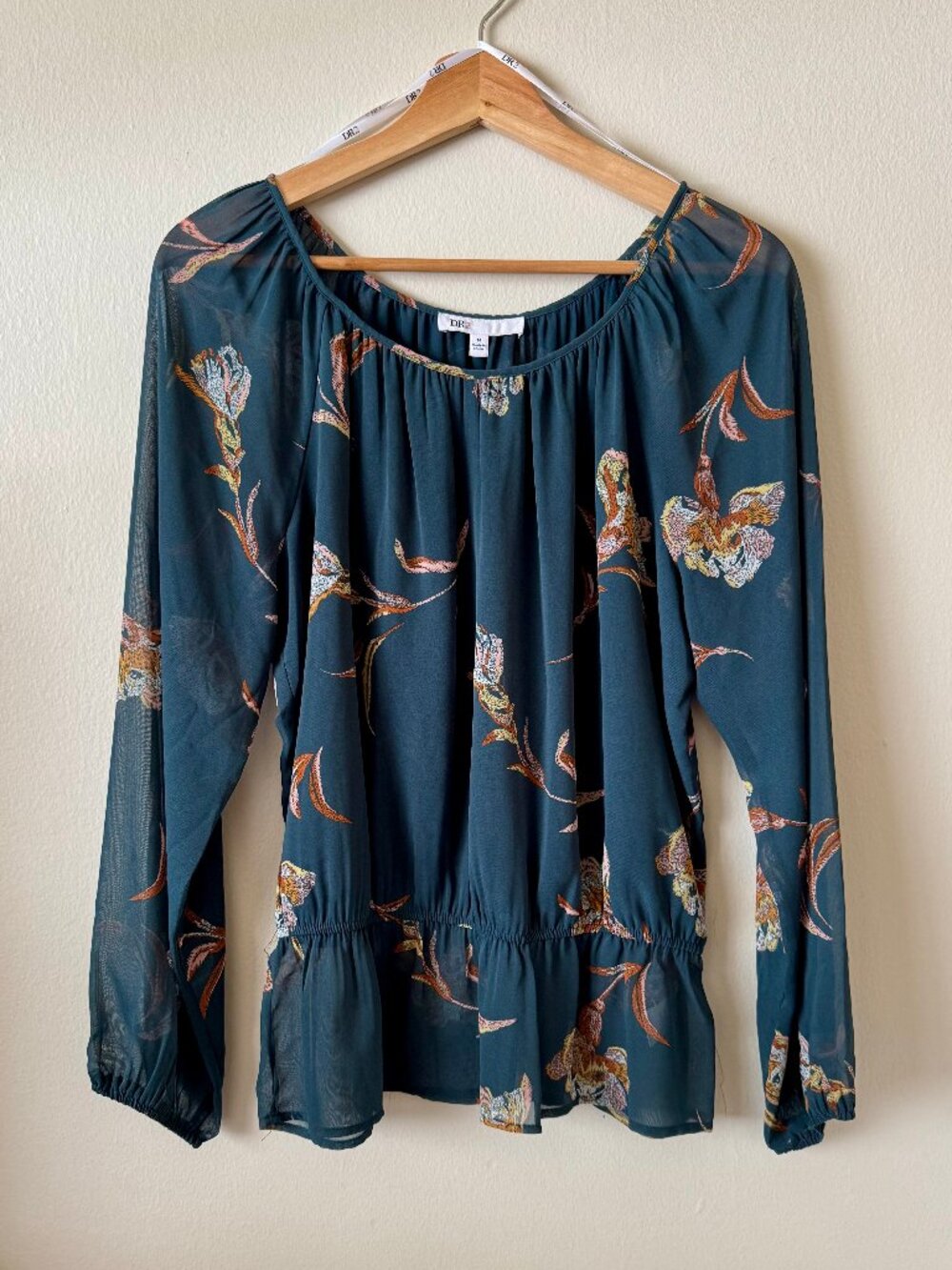 DR2 Daniel Rainn Sheer Teal Floral Long Sleeved Peplum Blouse - M